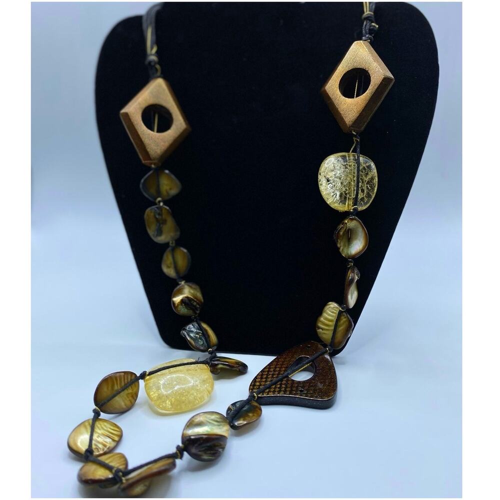 Afrohemian Naturecore Earth Tones Boho Beaded Long Statement Necklace‎